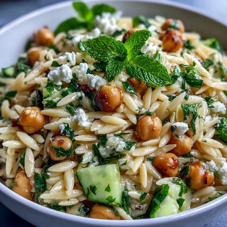 Delicious Lemony Chickpea Orzo Salad, showcasing tender orzo and protein-packed chickpeas.