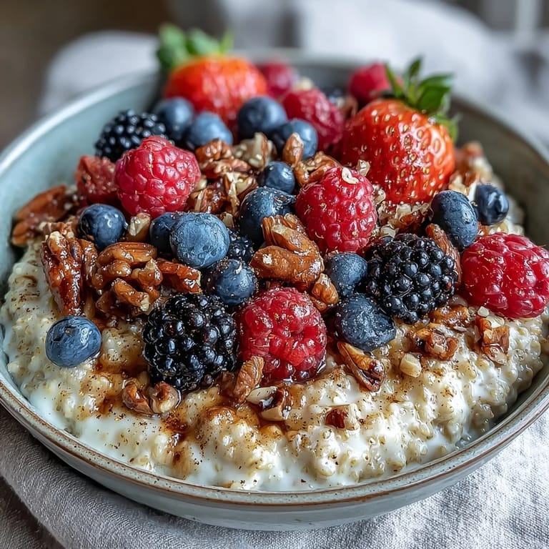 A nourishing bowl of gluten-free millet porridge with mixed berries and nuts, garnished with cinnamon and chia seeds.