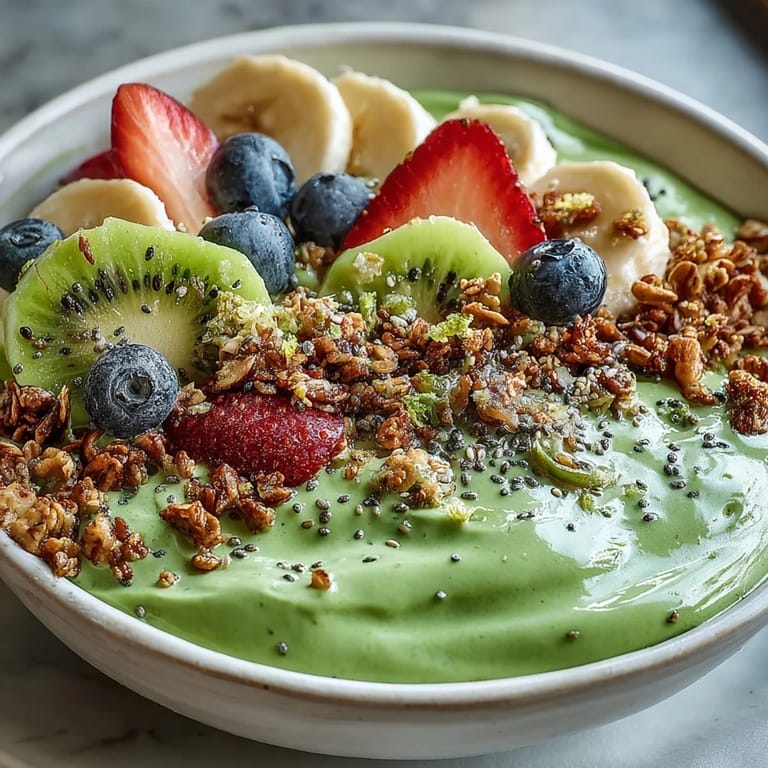 Sunlit Green Smoothie Bowl garnished with shredded coconut and blueberries, offering a refreshing, nutrient-packed breakfast option.
