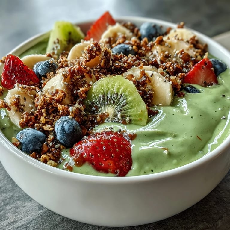 Thick, creamy Green Smoothie Bowl with colorful fruit toppings, served beside a spoon and almond milk for dipping.