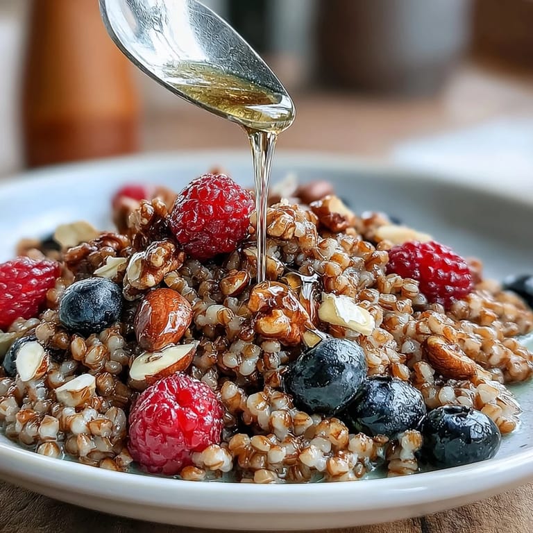 Steaming Buckwheat Groats Breakfast with sliced bananas and crunchy almonds, drizzled with honey for a sweet morning treat.