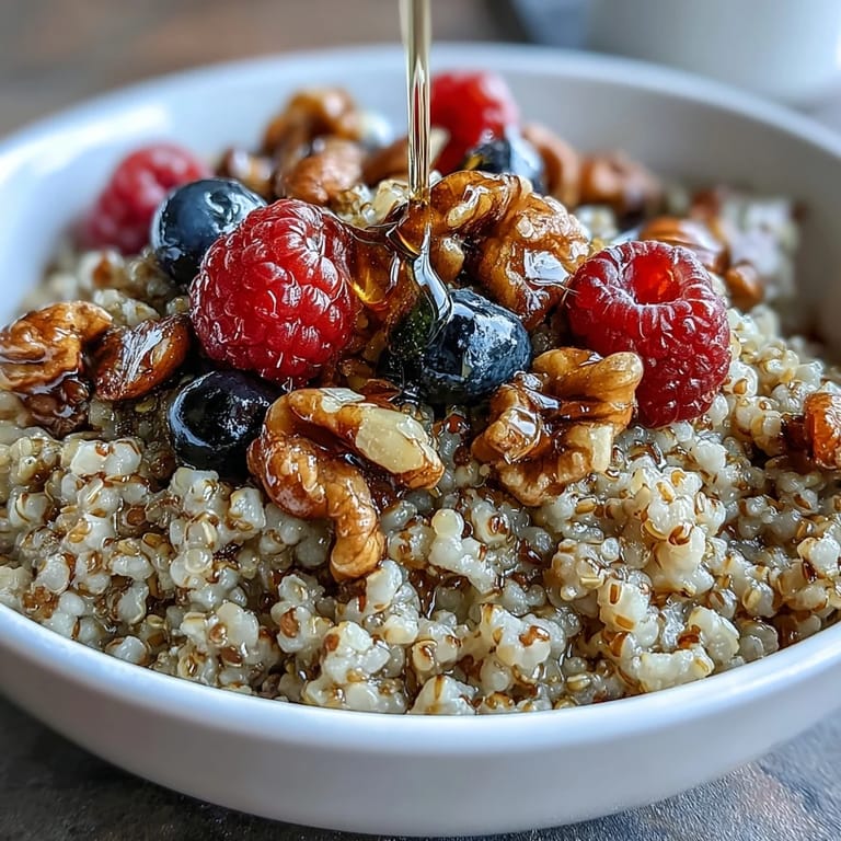 Hearty Buckwheat Groats Breakfast with tender grains, fresh diced fruit, and chopped walnuts, paired with a splash of milk.