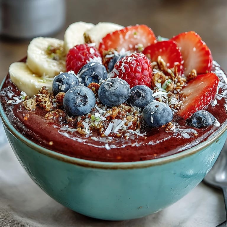 Thick, deep purple acai berry smoothie bowl topped with fresh berries, crunchy granola, and toasted coconut flakes, offering a nourishing and energizing morning meal.