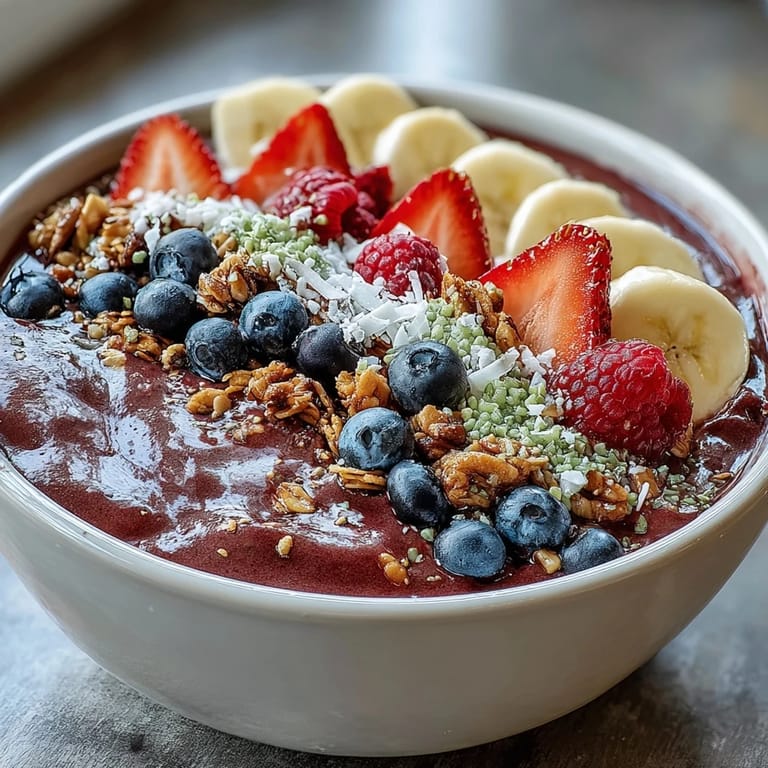 Colorful acai berry smoothie bowl featuring a smooth acai base loaded with mixed fruits, pumpkin seeds, and a drizzle of almond butter for extra flavor.