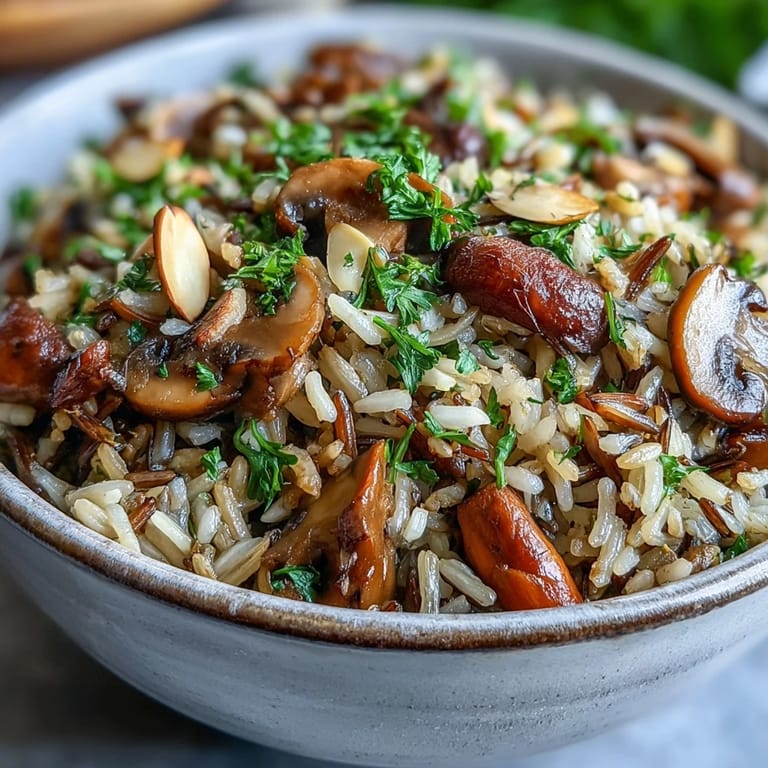 A close-up view of fluffy wild rice and mushroom pilaf, showing herbs and optional slivered almonds for texture.