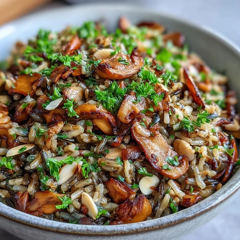 Earthy sautéed mushrooms and nutty wild rice pilaf, flecked with carrots and celery, ready to accompany roasted chicken or pork.