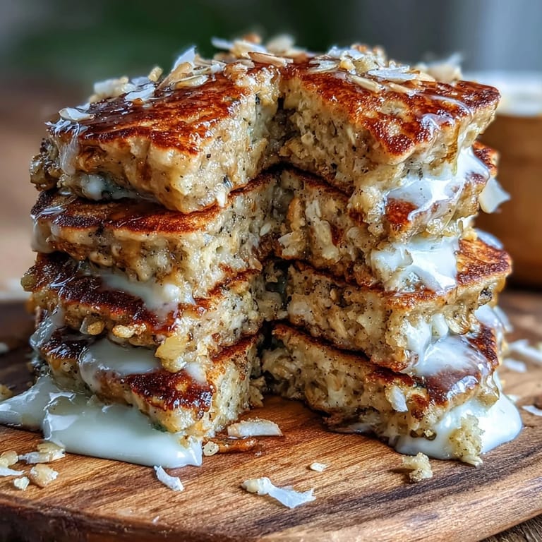 Stack of fluffy Protein Power Pancakes topped with sliced bananas and a drizzle of pure maple syrup.