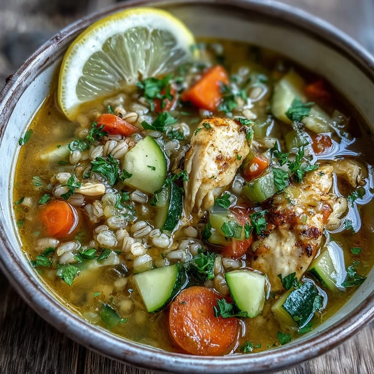 A close-up of soothing turmeric chicken with pearl barley soup in a rustic bowl, garnished with fresh parsley and a lemon wedge.  