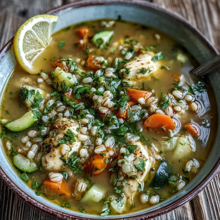 Steaming golden turmeric chicken and pearl barley soup with diced carrots, celery, and zucchini in a cozy kitchen setting.  