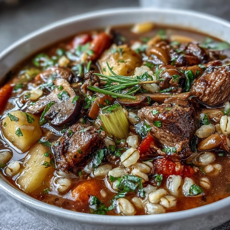 Hearty simmering Vegetable Beef, Barley, and Mushroom Soup with tender chunks of beef, carrots, celery, and earthy mushrooms in a rich broth.
