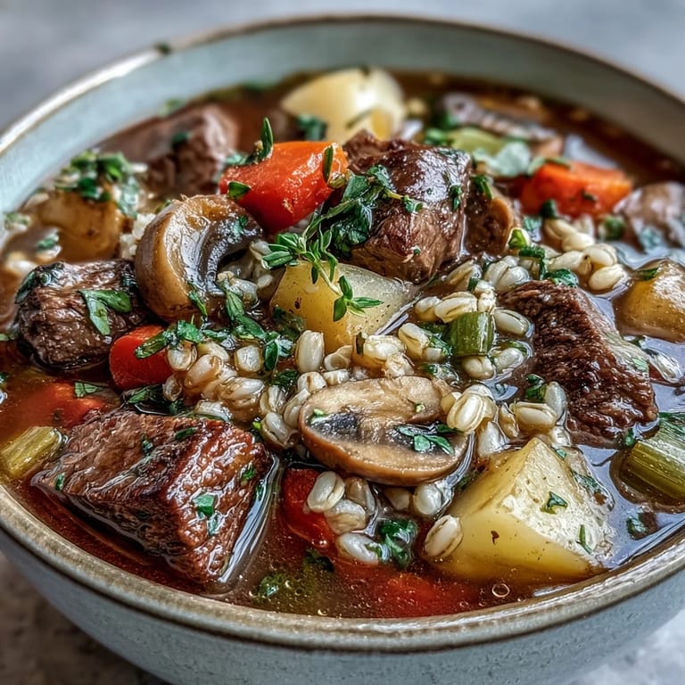 Cozy spoonful of Vegetable Beef, Barley, and Mushroom Soup revealing creamy pearl barley, diced potatoes, and savory thyme-infused broth ready to serve.