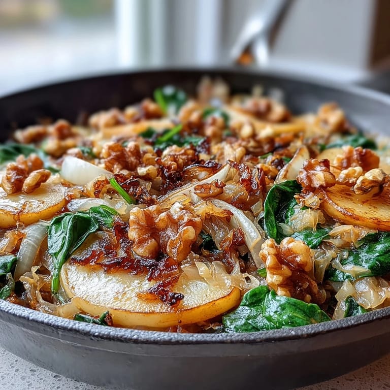 Caramelized apples and golden onions in a warm Apple and Sauerkraut Skillet Salad, ready to serve.