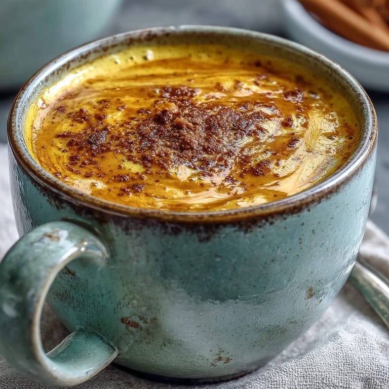 A frothy, golden-hued Turmeric and Ginger Golden Milk served in rustic ceramic mugs.  