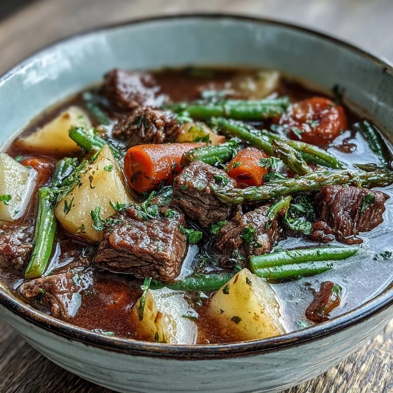 Hearty beef and vegetable soup simmering in a Dutch oven, featuring rich broth, diced potatoes, and savory herbs for a comforting meal.