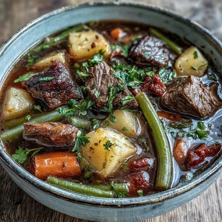 Ladle serving of classic American beef and vegetable soup, packed with root vegetables and peas, perfect with crusty bread on a cold day.