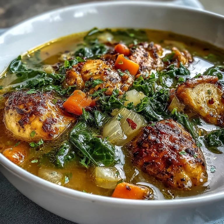 Spoon lifted from a bowl of High Protein Lemon and Turmeric Chicken Soup showing tender chicken, carrots, and wilted baby kale in golden broth.
