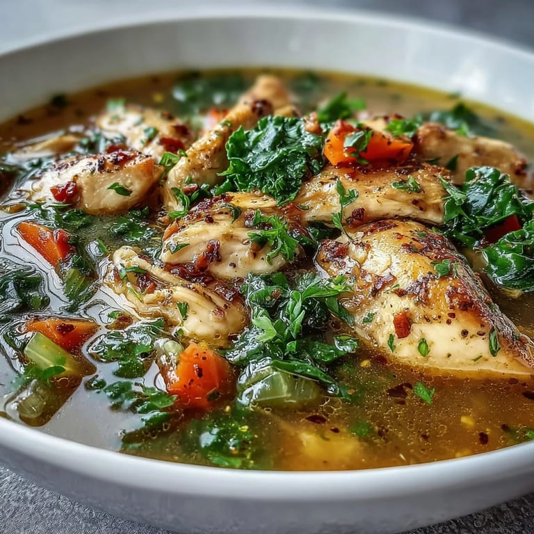 Close-up on bright High Protein Lemon and Turmeric Chicken Soup in a white bowl, topped with lemon zest and a sprinkle of fresh parsley.