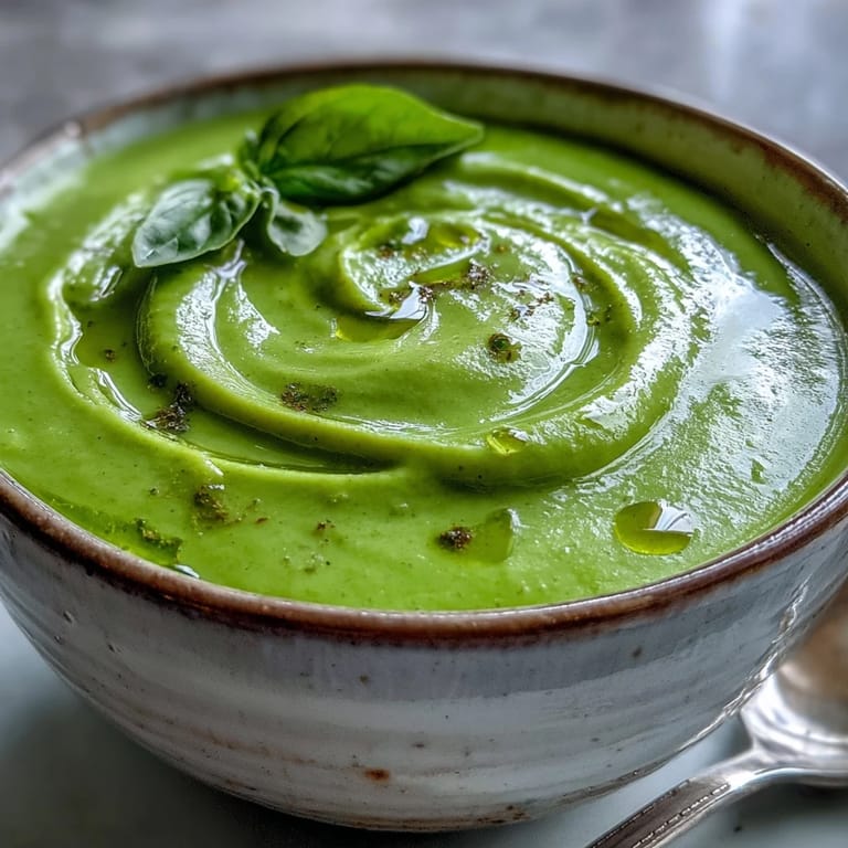 Steaming hot Courgette, Pea and Pesto Soup swirled with pesto and ready to enjoy.