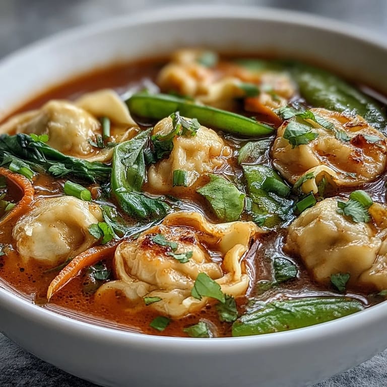 Spoonful of red curry wonton soup, featuring tender wontons and fresh baby spinach in coconut curry broth.