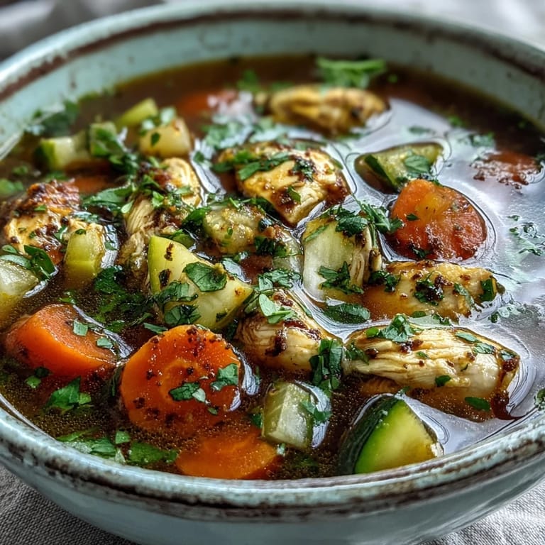 Warm turmeric chicken soup served with crusty bread for a comforting, nourishing lunch.