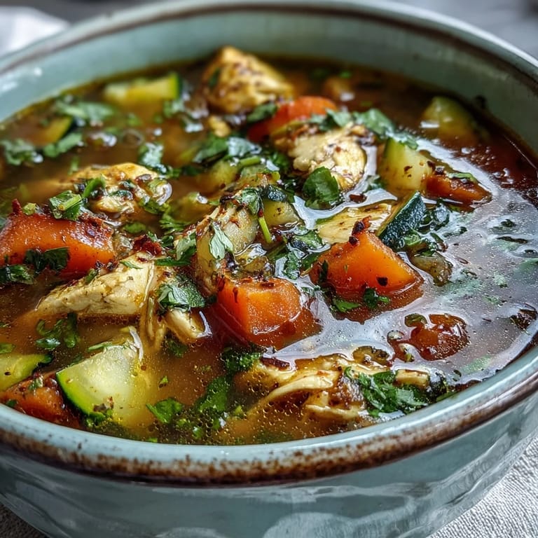 A vibrant bowl of turmeric chicken soup, featuring wilted spinach and zucchini for extra greens.