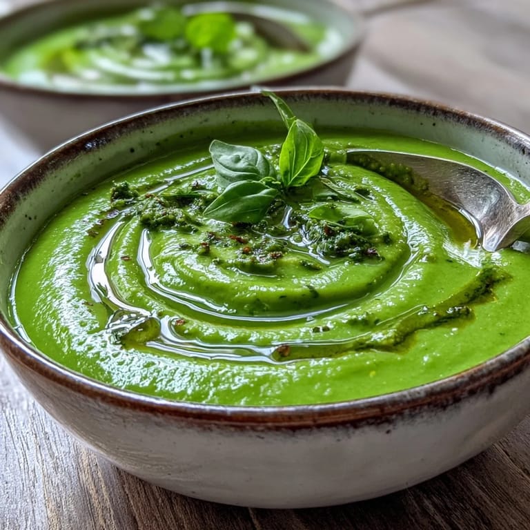 A vibrant green bowl of Courgette, Pea and Pesto Soup served with warm crusty bread.