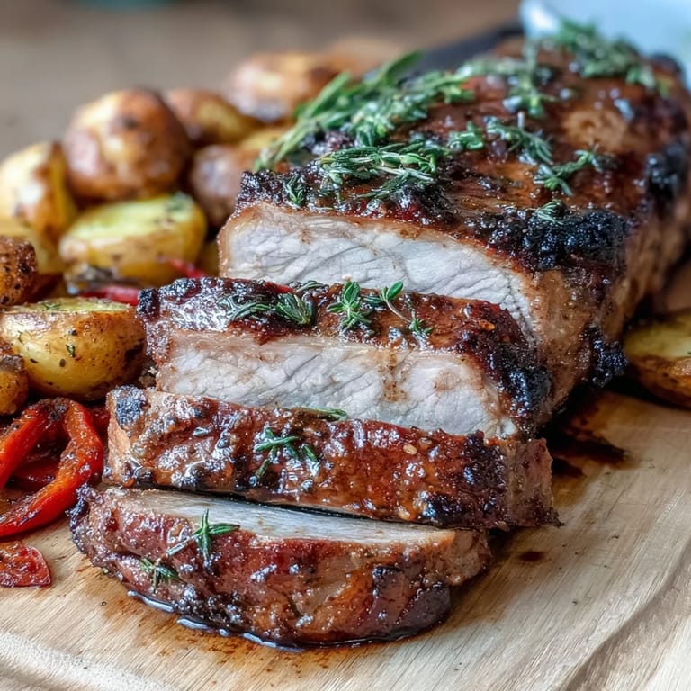 Juicy marinated Ibérico pork fillet with roast potatoes and red peppers served family-style for a special meal.