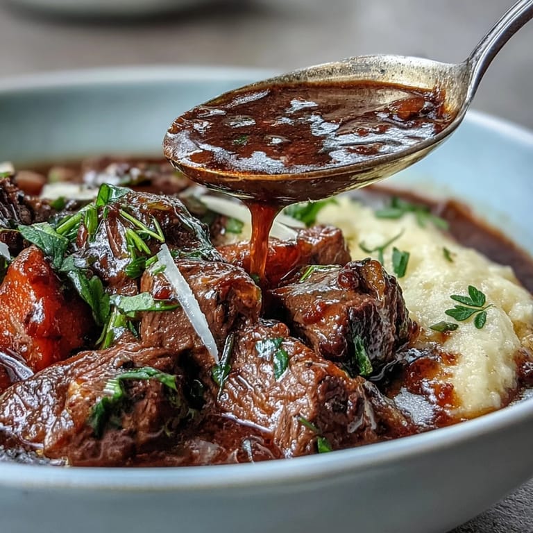 Golden brown venison stew with Sloe Gin and Polenta served alongside a glass of red wine.