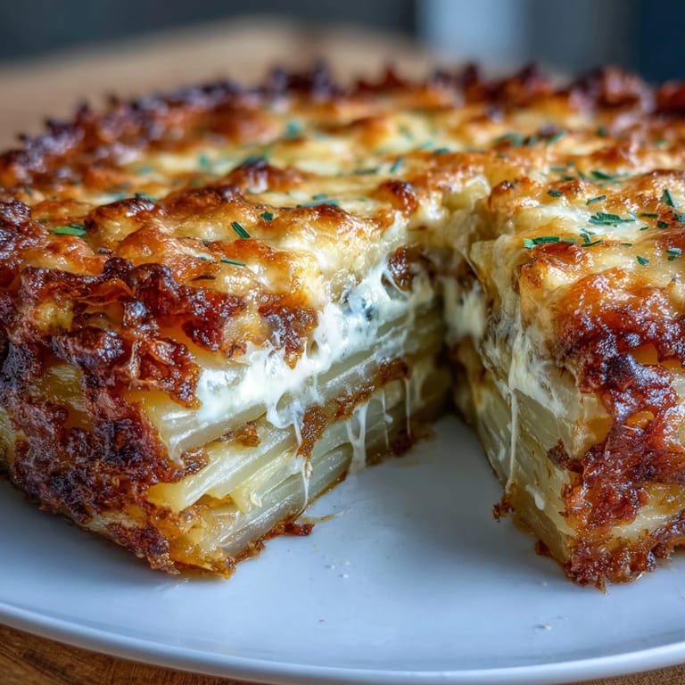 Rustic Cheese and Potato Pie with golden crust, served alongside steamed green beans for a cozy family meal.