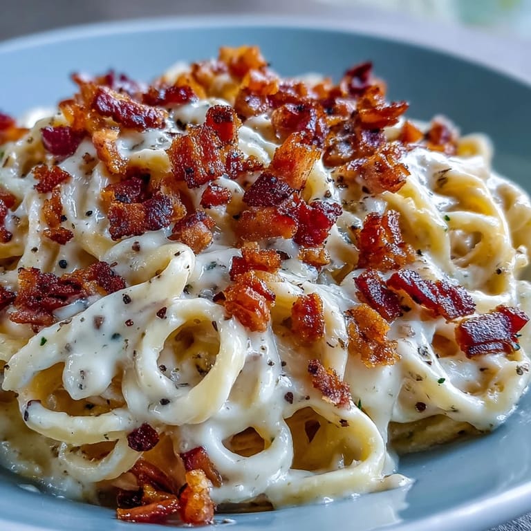Garlic and black pepper celeriac carbonara twirled onto a fork with rich, golden sauce.