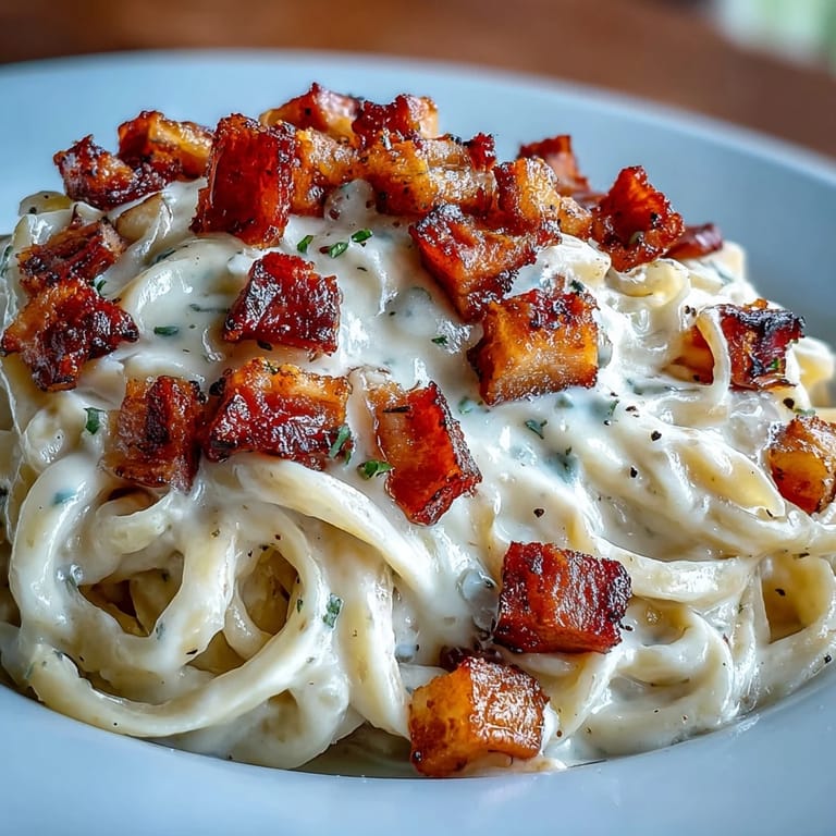 Gluten-free celeriac carbonara plated beside a glass of Pinot Grigio and fresh Parmesan shavings.