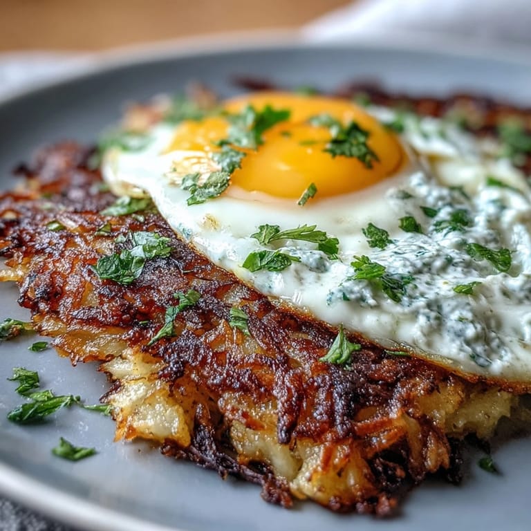 Celeriac Rösti with Harissa Yogurt and Fried Eggs, steaming skillet of crispy patties next to a fried egg and lemon wedge for brightening.