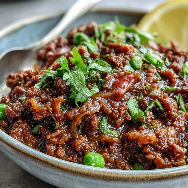 Steaming bowl of savory Venison Keema Curry featuring tender meat and bright green peas.
