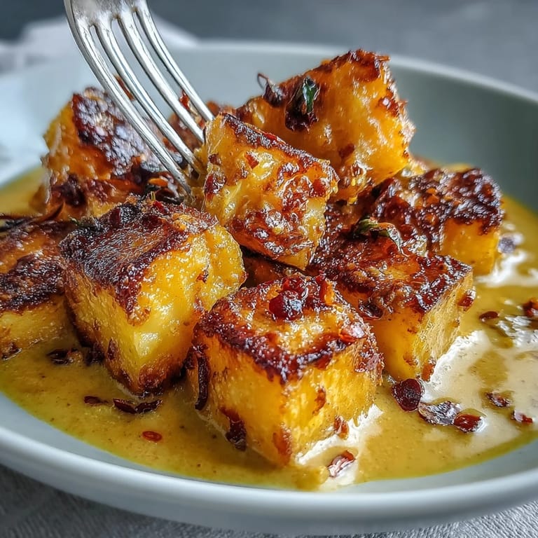 A close-up of tender Curried Celeriac with nuts and cilantro garnish, ready to serve as a hearty main.