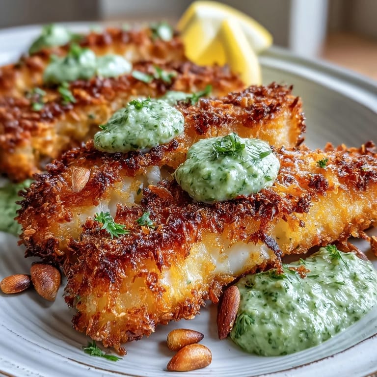 The baked haddock goujons with Parmesan crust are paired with creamy pea pesto and fresh salad greens.