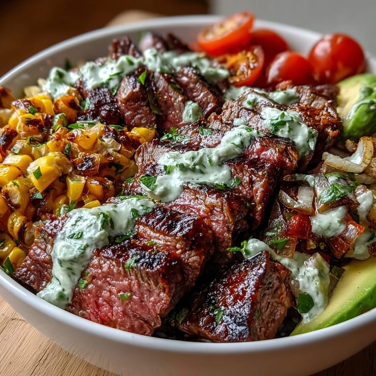 Steak, Avocado, and Roasted Corn Bowl with Cilantro Cream Sauce features juicy beef, crisp red onion, and tangy lime wedges for a zesty Tex-Mex dinner.