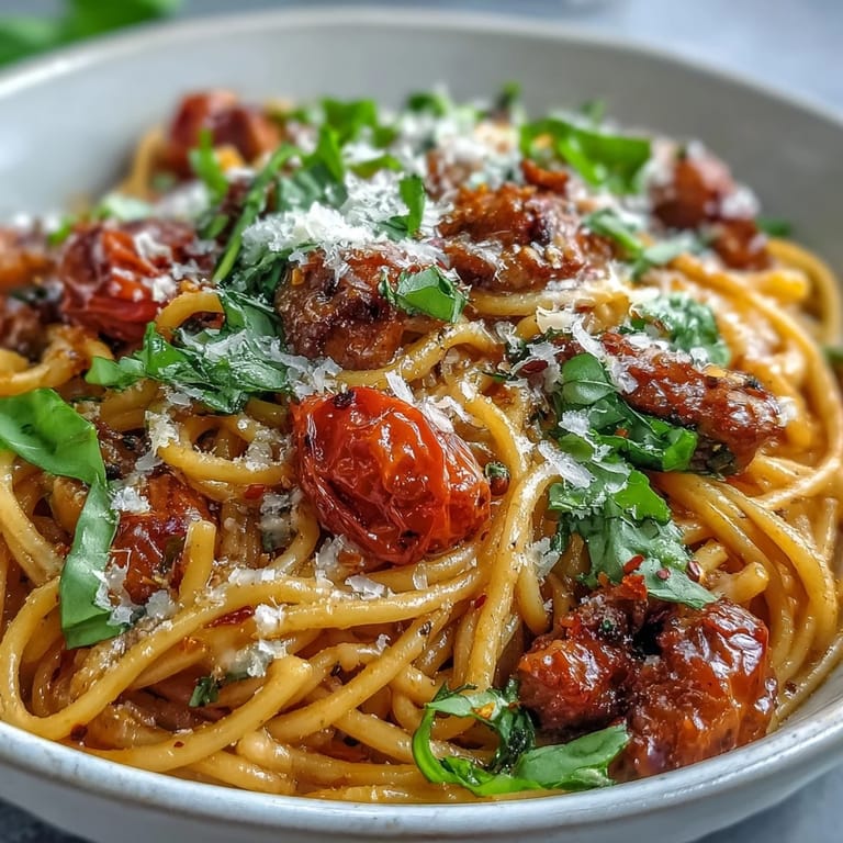 A fork twirls vibrant Italian Drunken Noodles with shrimp and sweet tomatoes, served beside a glass of red wine.