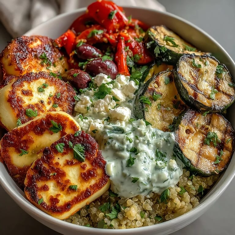 Bright grilled bell peppers and zucchini add color to the Healthy Grilled Mediterranean Bowl, finished with briny olives and a cool yogurt drizzle.