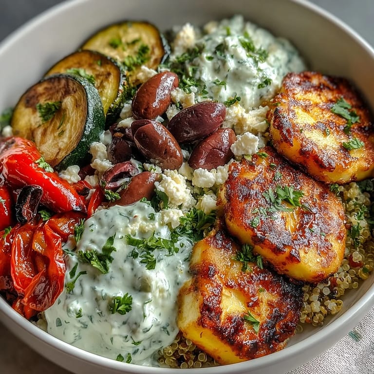 A fork lifting tender halloumi from a bowl of nutty quinoa, charred veggies, and diced cucumber, showcasing the Healthy Grilled Mediterranean Bowl.