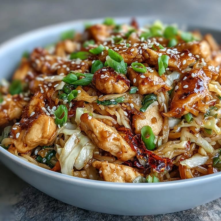 Tender chicken and crisp cabbage simmer in a tangy soy-sesame glaze, creating a colorful, saucy mixture perfect for quick weeknight dinners.