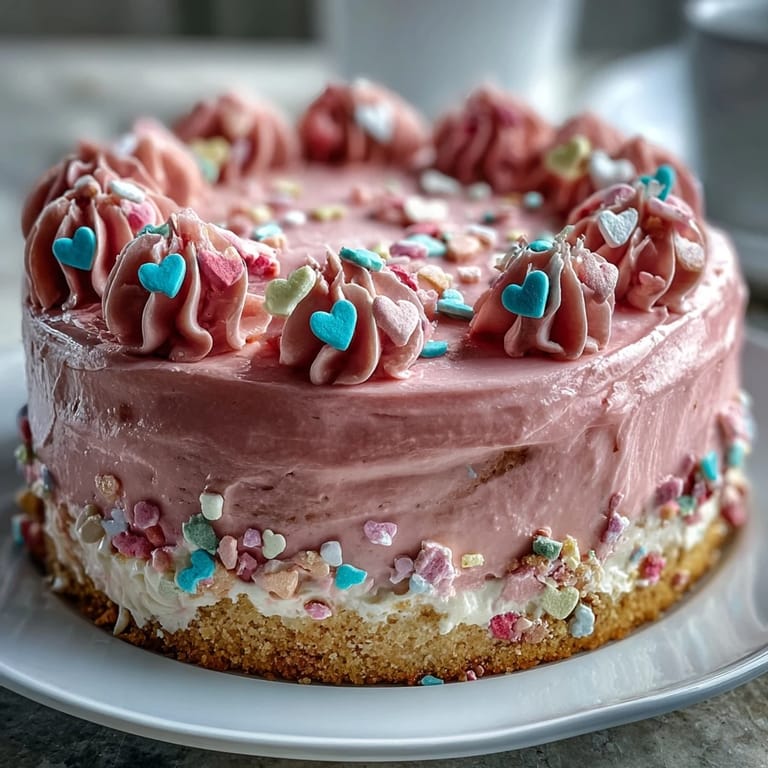 Sliced wedge of Candy Hearts Fake Cake revealing silky cheesecake filling on a buttery graham cracker crust.