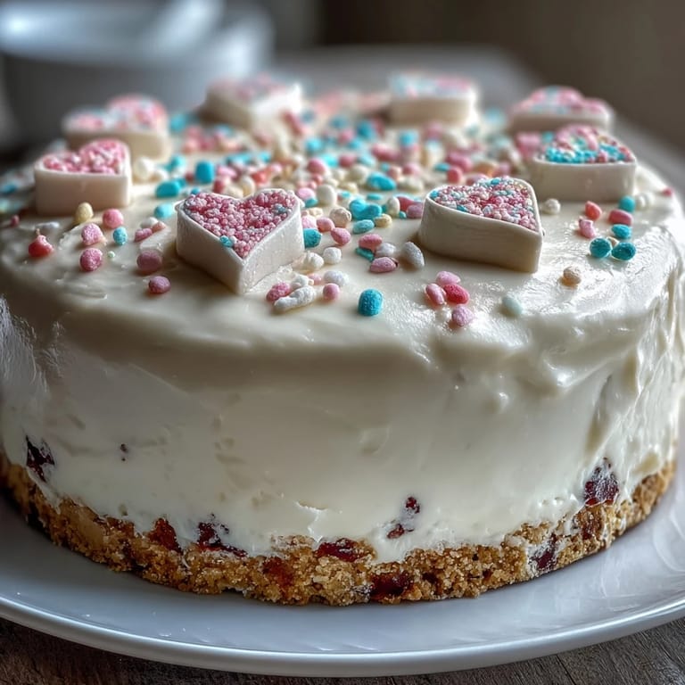 Whole Candy Hearts Fake Cake topped with rainbow sprinkles and colorful candy hearts, ready to serve.