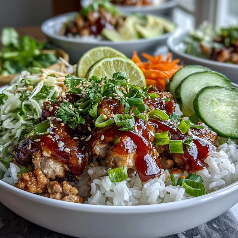 Crisp julienned carrots, cucumbers, and vibrant red cabbage top warm rice, finished with sesame seeds, scallions, and a drizzle of spicy mayo.