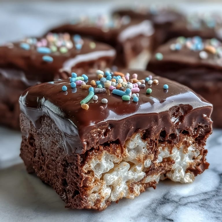 Homemade Chocolate Covered Rice Krispy Treats with crunchy cereal, glossy chocolate, and rainbow sprinkles on marble.