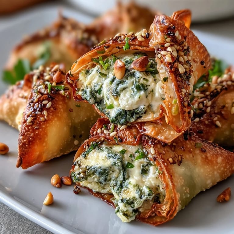 Freshly baked Mediterranean Spinach and Feta Cheese Crisps with golden wonton edges, showcasing a vibrant filling of spinach and herbs.
