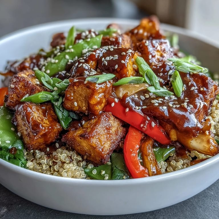 Plated Quinoa Vegetable Teriyaki Bowl with fluffy quinoa and golden tofu, garnished with green onions and ready to serve.