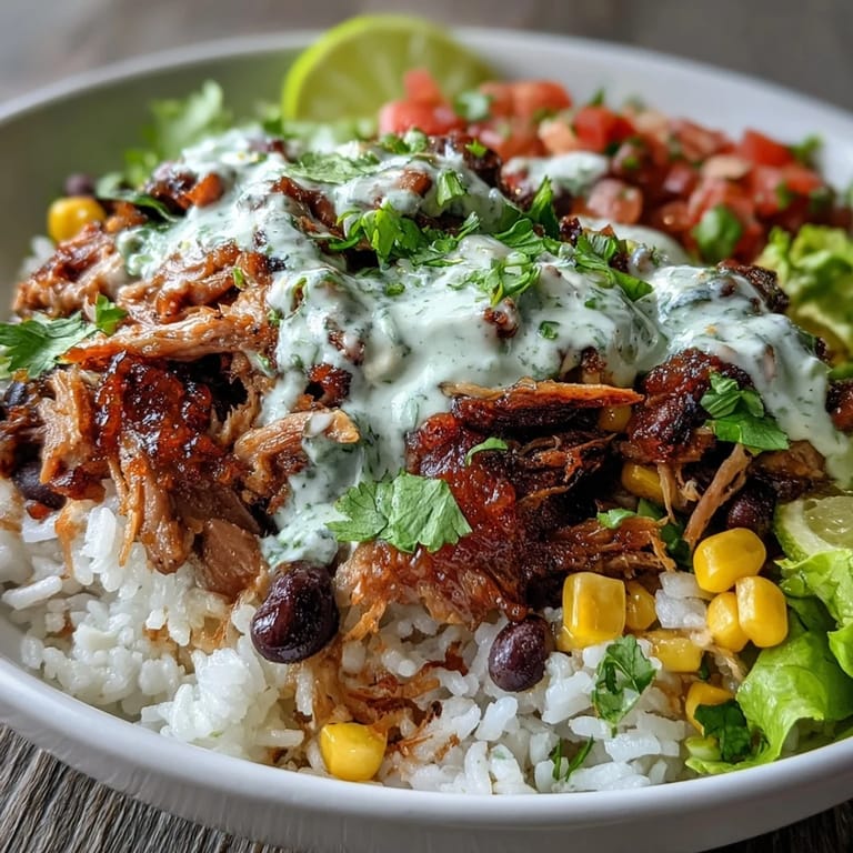 Hearty, gluten-free carnitas burrito bowl ready for a satisfying, zesty lunch or dinner.