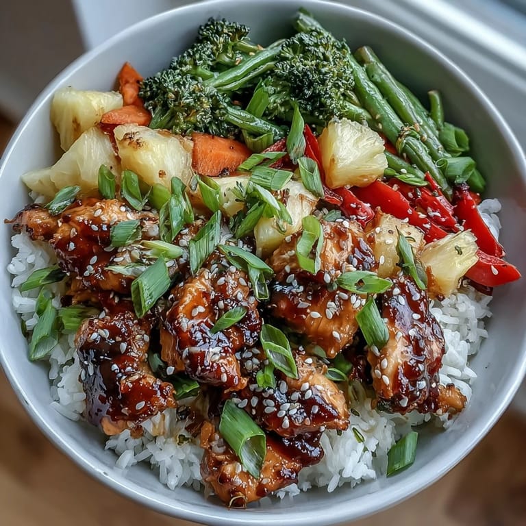 Sliced teriyaki chicken over steamed rice and sautéed vegetables, garnished with diced pineapple and sesame seeds for dinner.