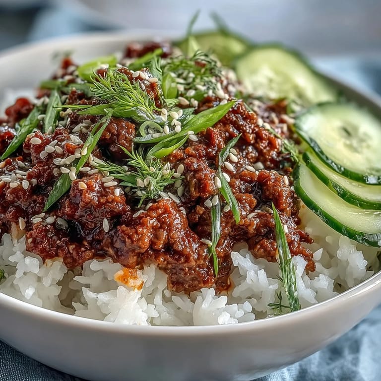 Ground beef simmered in spicy gochujang sauce topped with fresh vegetables and sesame seeds for an Easy Korean Beef Bowl.