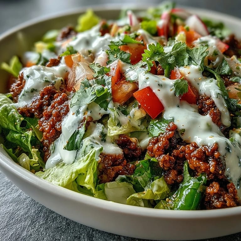 Creamy lime yogurt crema drizzled over a gluten-free Healthy Taco Bowl topped with avocado.